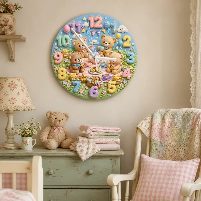 Teddy Bear Tea Party Kids Room Wall Clock