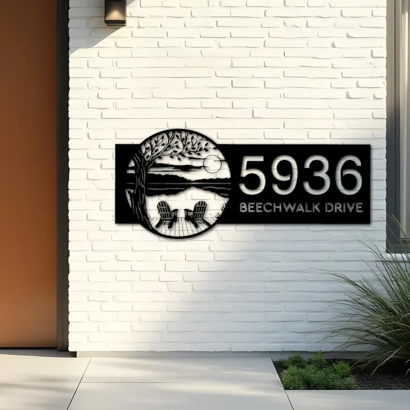 Custom Metal Tree Dock on Lake Scene Sunset Metal Address Sign Custom House number Hanging Address Plaque Yard Sign Outdoor