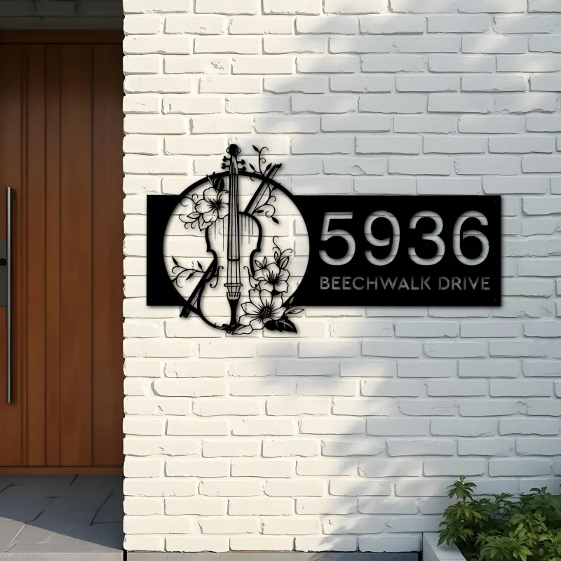 Custom Metal Floral Violin Violin player Metal Address Sign, House number, Outdoor Number Signage, Yard Sign Address Plate