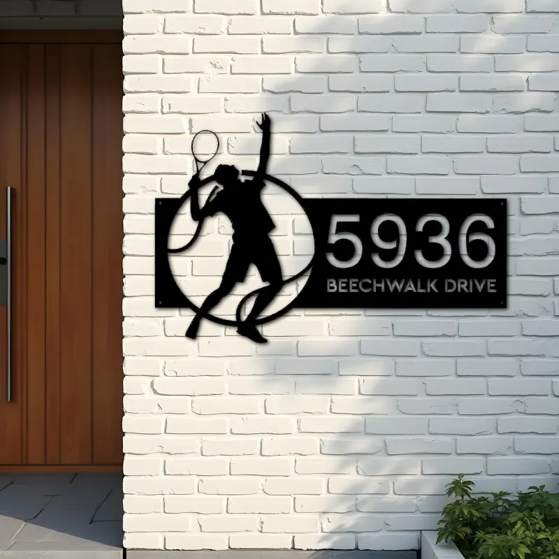 Custom Metal Tennis player Metal Address Sign, House number, Outdoor Number Signage, Yard Sign Address Plate