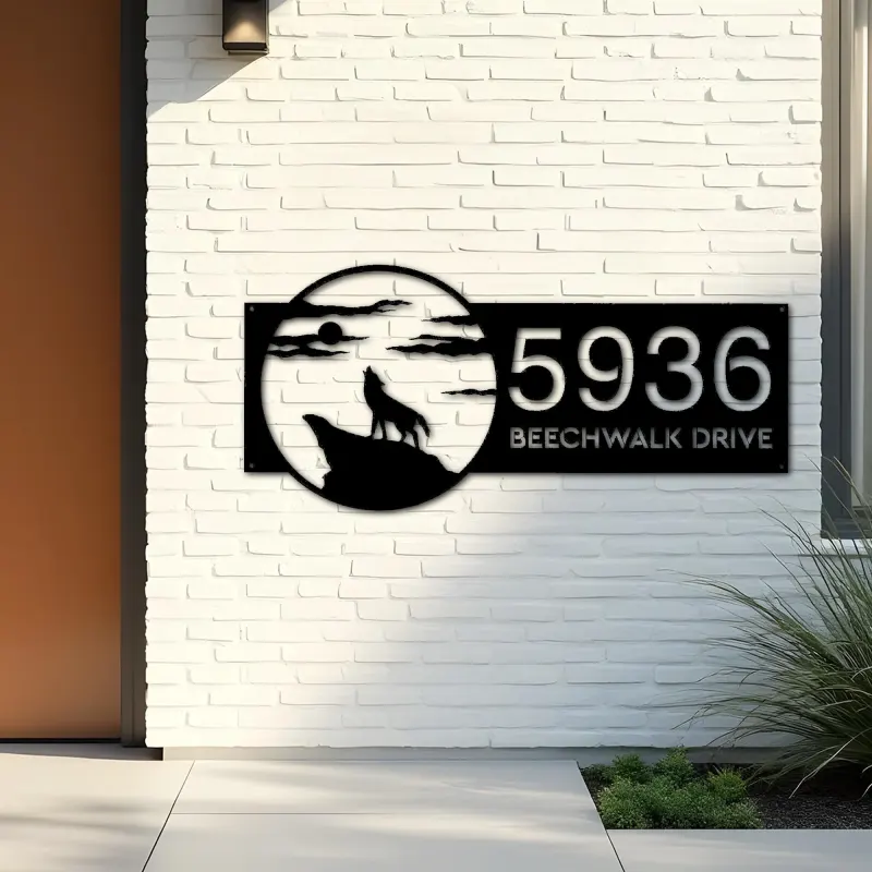 Custom Metal Wolf howling full moon wild animal Metal Address Sign, House number, Outdoor Number Signage, Yard Sign Address Plate
