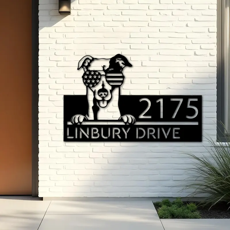 Custom Metal Greyhound dog US flag glasses Metal Address Sign House number Hanging Address Plaque Yard Sign Outdoor decor