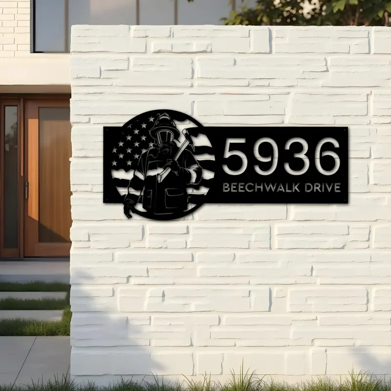 Custom Metal Fireman Fire Fighter US flag Metal Address Sign House number Hanging Address Plaque Yard Sign Outdoor