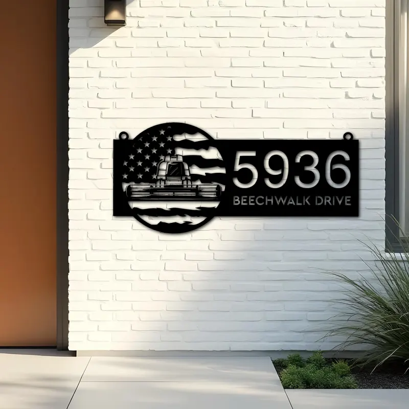 Custom Metal Farm combine harvester US flag Metal Address Sign Custom House number Hanging Address Plaque Yard Sign Outdoor
