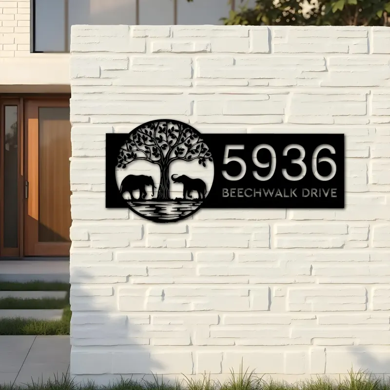 Custom Metal Leafy Tree and Couple Elephants Metal Address Sign, House number, Outdoor Number Signage, Yard Sign Address Plate