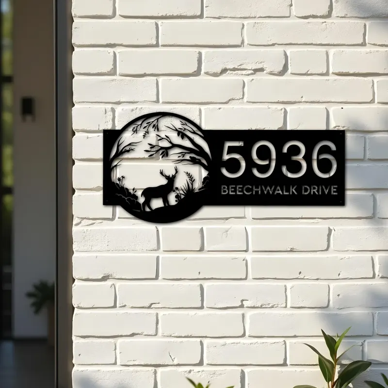 Custom Metal Deer in Woodland wild life Metal Address Sign, House number, Outdoor Number Signage, Yard Sign Address Plate