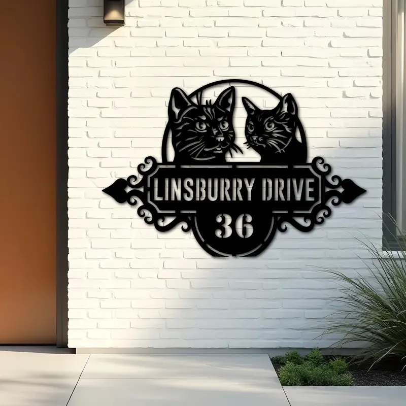 Custom Metal Cute cats kittens Metal Address Sign, House number, Outdoor Number Signage, Yard Sign Address Plate