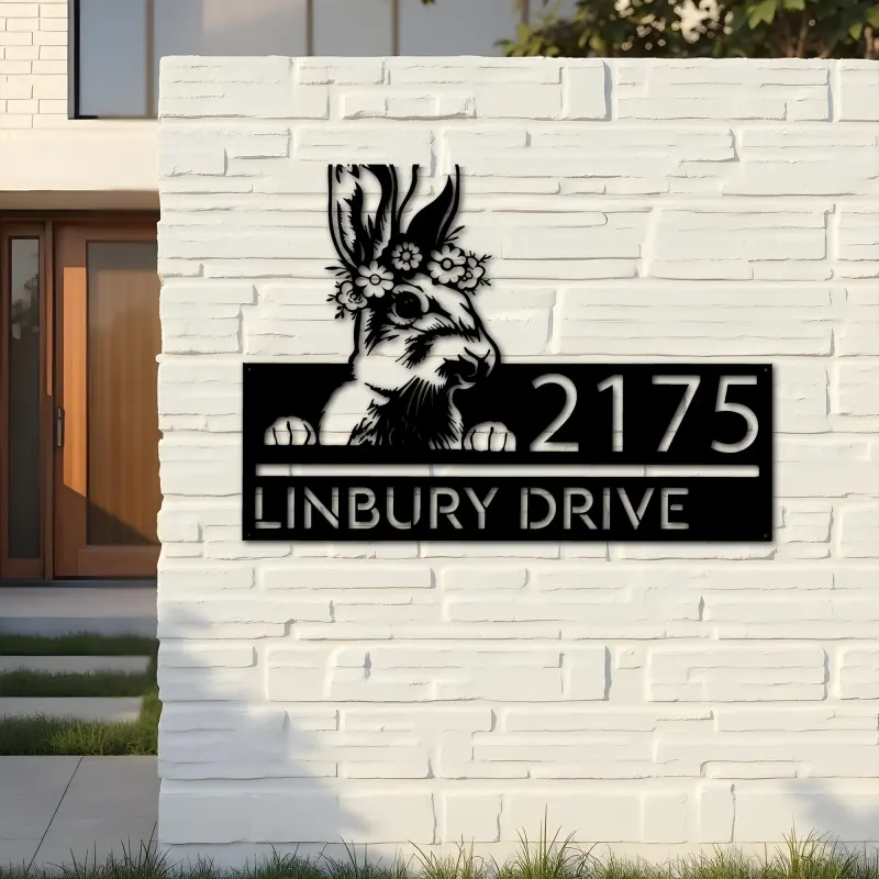 Custom Metal Peeking Rabbit bunny farmhouse Metal Address Sign House number Hanging Address Plaque Yard Sign Outdoor decor
