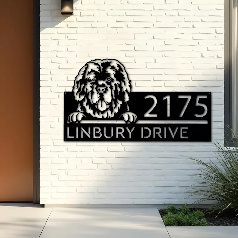 Custom Metal Newfoundland dog Cute puppy Metal Address Sign House number Hanging Address Plaque Yard Sign Outdoor decor