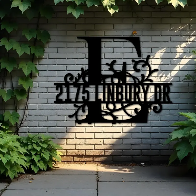 Custom Metal Floral Monogram Split Letter E Metal Address Sign House number Hanging Address Plaque Yard Sign Outdoor decor