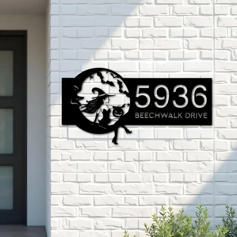 Custom Metal Cute Witch sitting on the moon Metal Address Sign, House number, Outdoor Number Signage, Yard Sign Address Plate