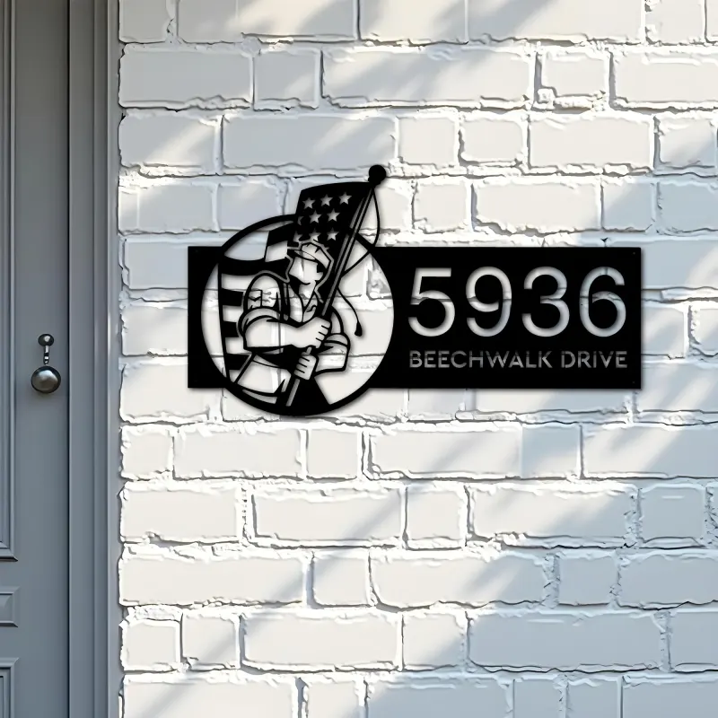 Custom Metal American soldier holding US flag Metal Address Sign, House number, Outdoor Number Signage, Yard Sign Address Plate