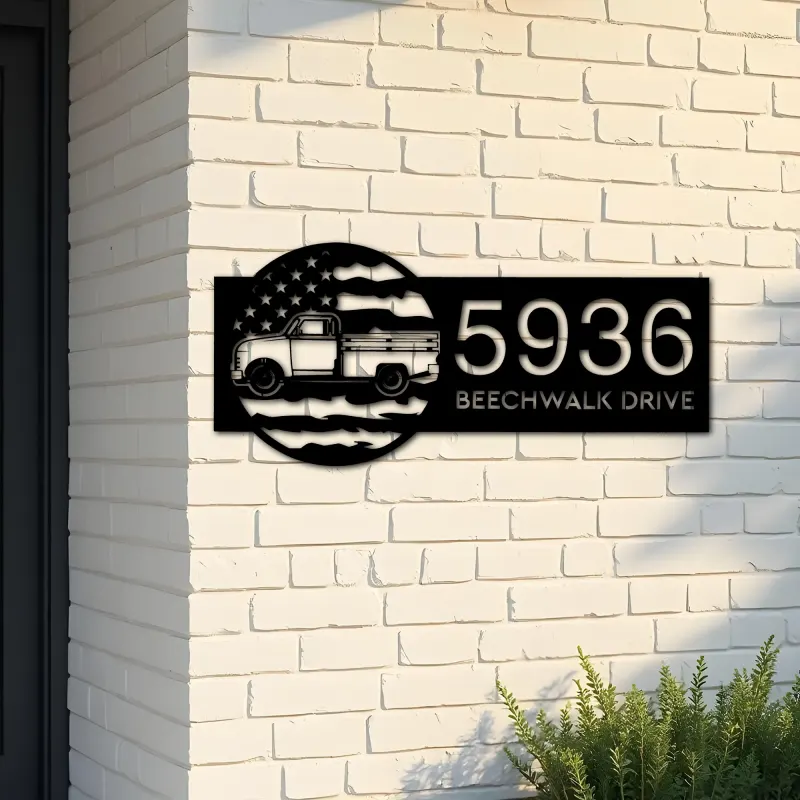 Custom Metal Farm Trailer US flag Metal Address Sign Custom House number Hanging Address Plaque Yard Sign Outdoor