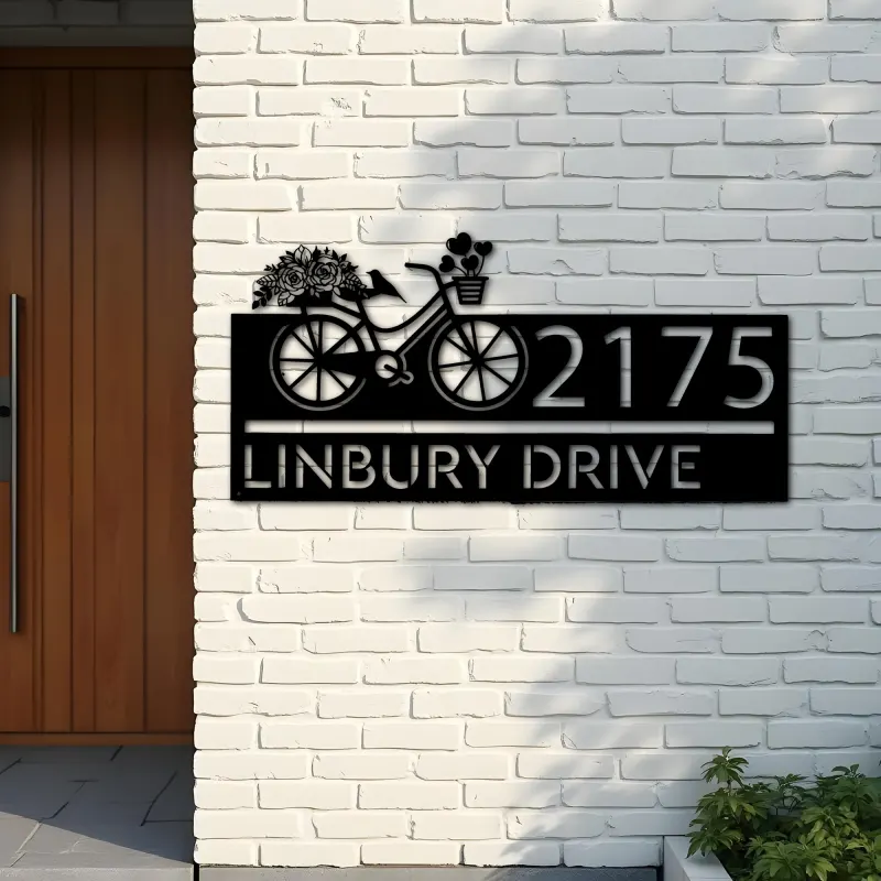 Custom Metal Bicycle with flower and hearts Metal Address Sign, House number, Outdoor Number Signage, Yard Sign Address Plate
