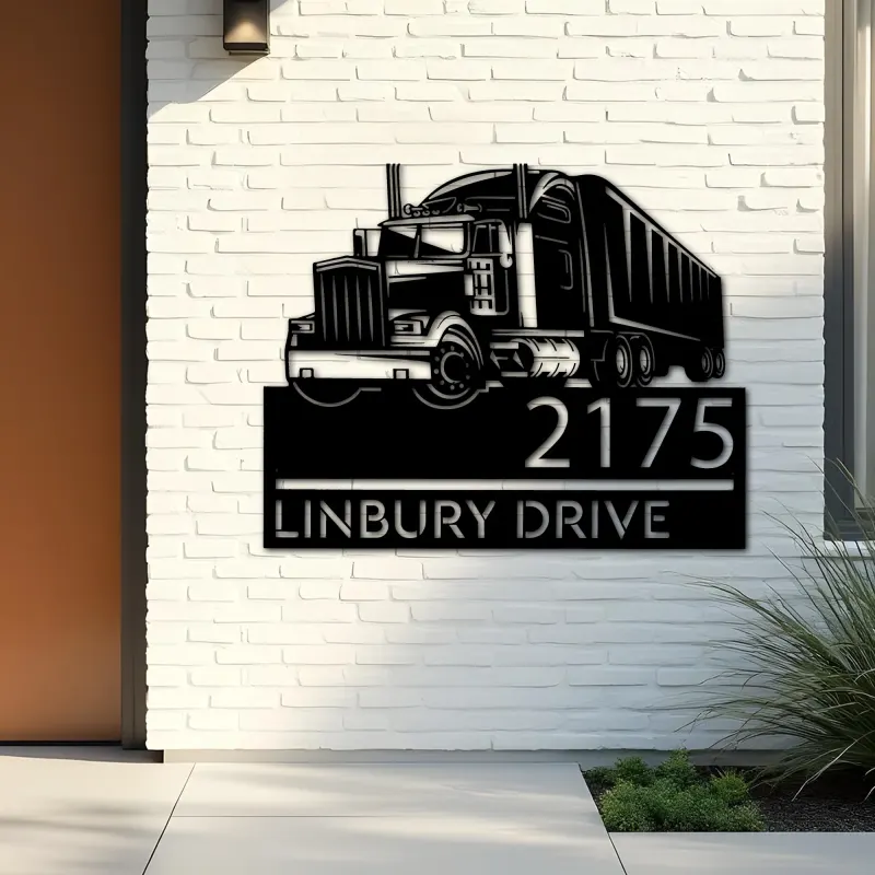 Custom Metal Semi truck driver trucker Metal Address Sign, House number, Outdoor Number Signage, Yard Sign Address Plate
