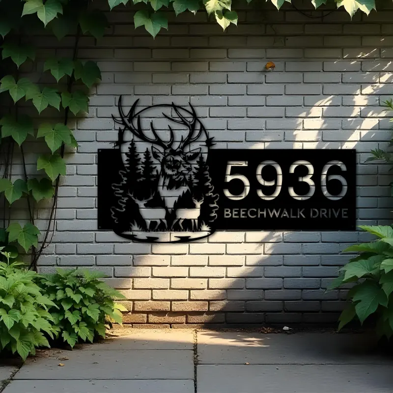 Custom Metal Deer buck forest scene Metal Address Sign, House number, Outdoor Number Signage, Yard Sign Address Plate
