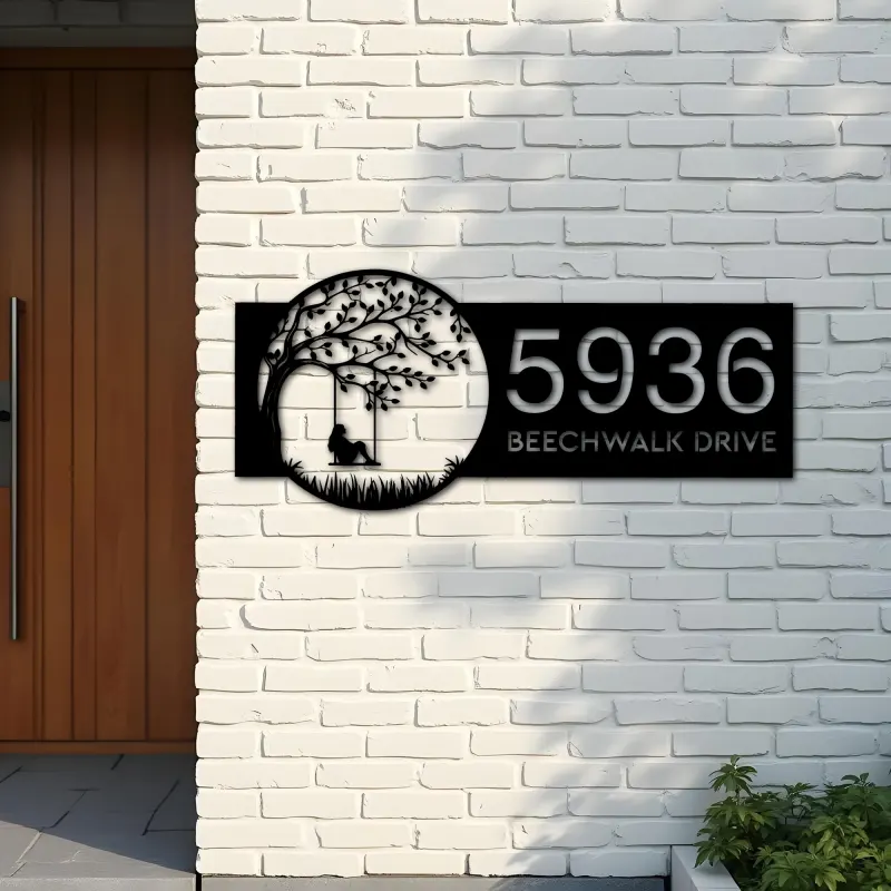 Custom Metal Girl on Swing Metal Address Sign, House number, Outdoor Number Signage, Yard Sign Address Plate