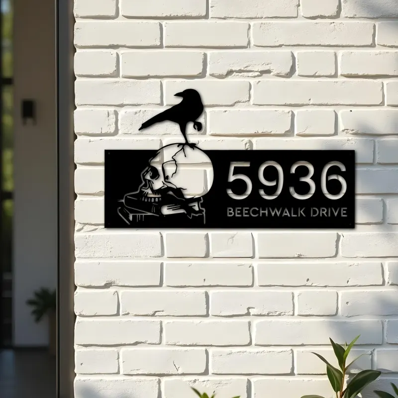 Custom Metal Raven on skull halloween Metal Address Sign, House number, Outdoor Number Signage, Yard Sign Address Plate