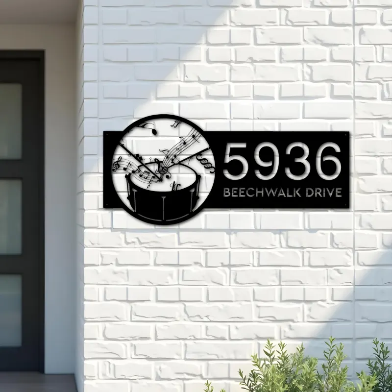 Custom Metal Drum music notes Metal Address Sign Custom House number Hanging Address Plaque Yard Sign Outdoor Sign