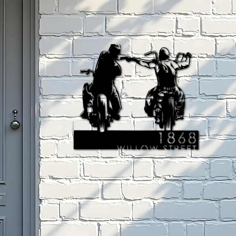 Custom Metal Biker brothers fist bump Motocycle riders Metal Address Sign, House number, Outdoor Number Signage, Yard Sign Address Plate