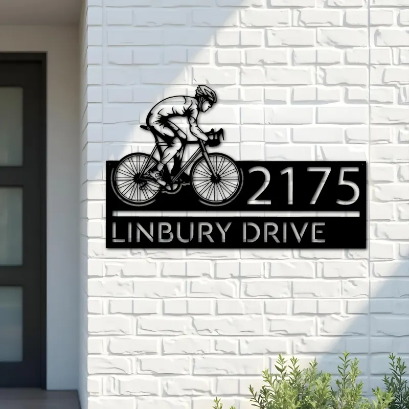 Custom Metal Cyclist biker Metal Address Sign, House number, Outdoor Number Signage, Yard Sign Address Plate