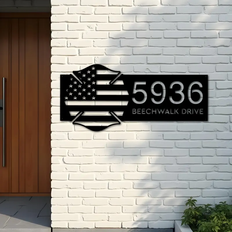 Custom Metal Fire department fireman US flag Metal Address Sign, House number, Outdoor Number Signage, Yard Sign Address Plate