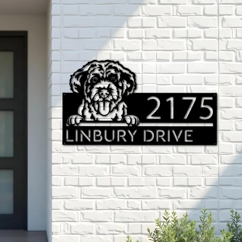 Custom Metal Portuguese Water Dog Cute puppy Metal Address Sign House number Hanging Address Plaque Yard Sign Outdoor decor