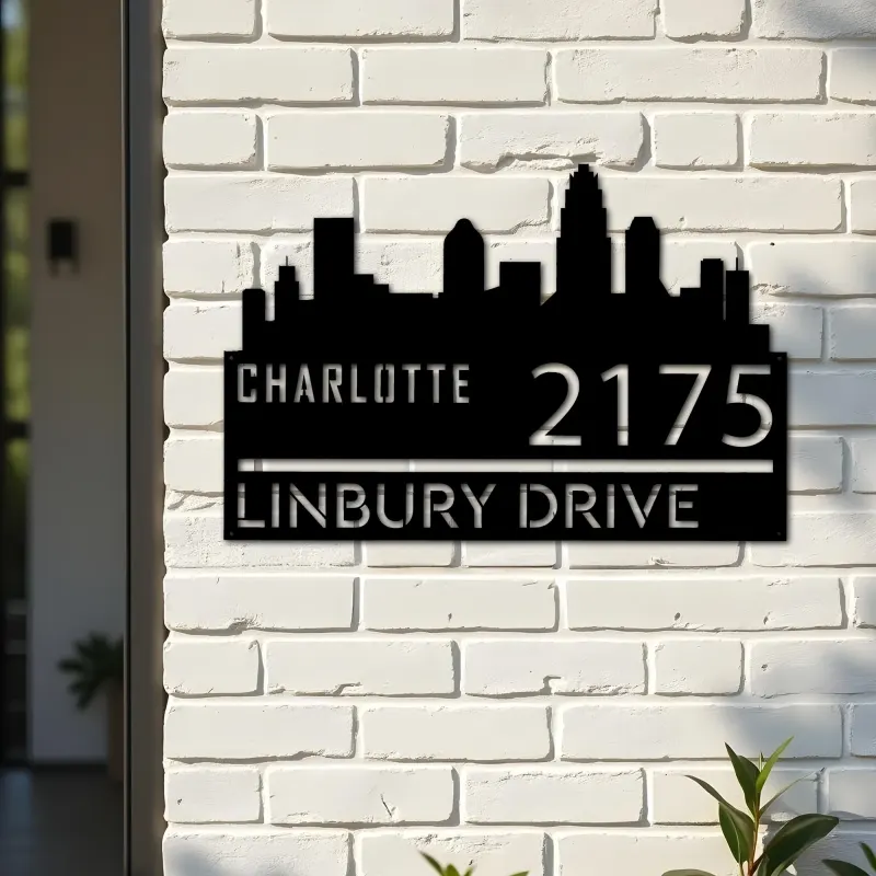 Custom Metal Charlotte city skyline Metal Address Sign Hanging Address Plaque house number Yard Outdoor Sign