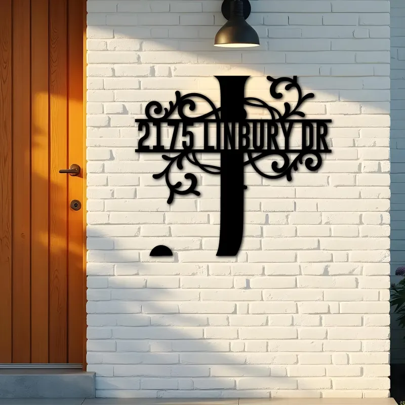 Custom Metal Floral Monogram Split Letter J Metal Address Sign House number Hanging Address Plaque Yard Sign Outdoor decor