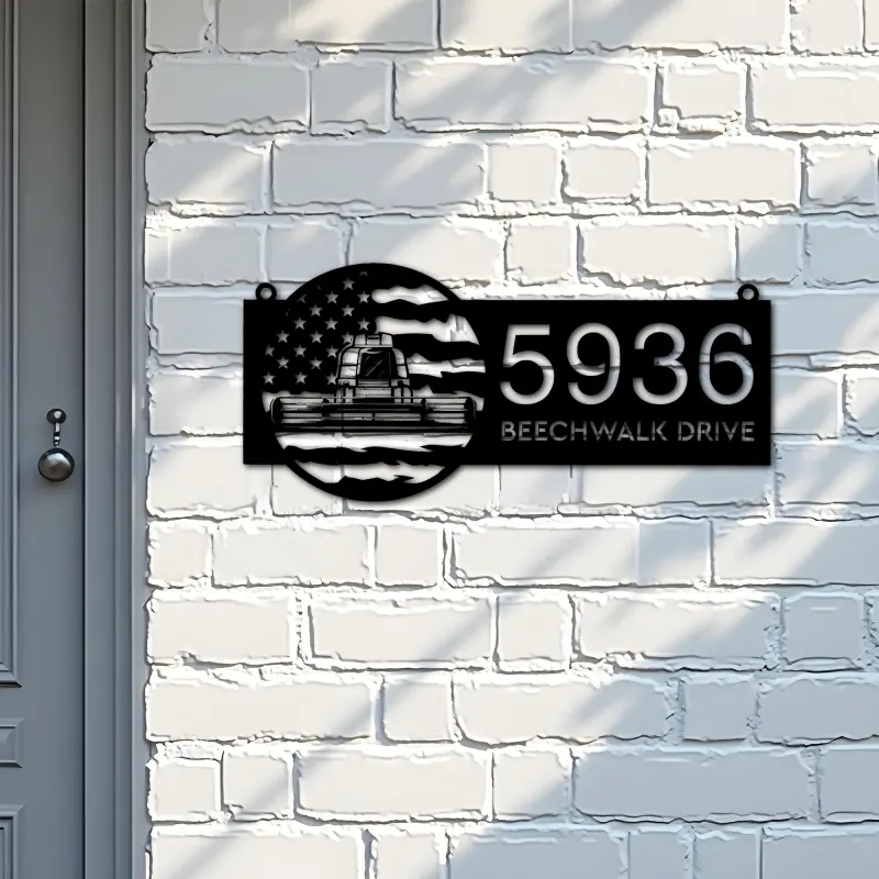 Custom Metal Farm combine harvester US flag Metal Address Sign Custom House number Hanging Address Plaque Yard Sign Outdoor