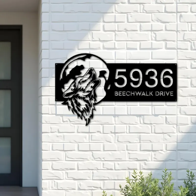 Custom Metal Wolf howling on full moon Metal Address Sign, House number, Outdoor Number Signage, Yard Sign Address Plate001