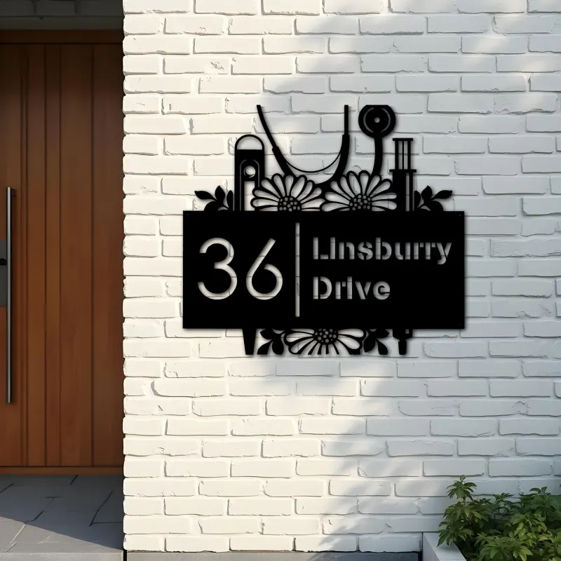 Custom Metal Nurse Medical tools Metal Address Sign, House number, Outdoor Number Signage, Yard Sign Address Plate