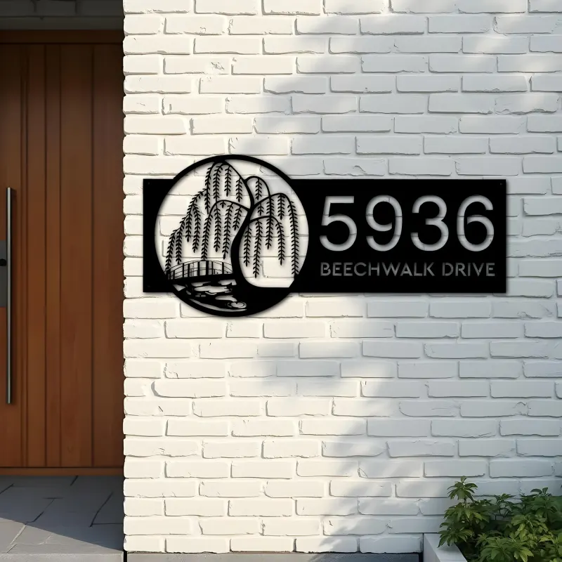 Custom Metal Scene with willow tree river Metal Address Sign, House number, Outdoor Number Signage, Yard Sign Address Plate