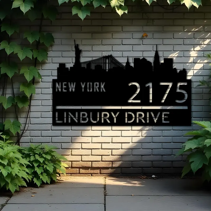 Custom Metal New York city skyline Metal Address Sign Hanging Address Plaque house number Yard Outdoor Sign