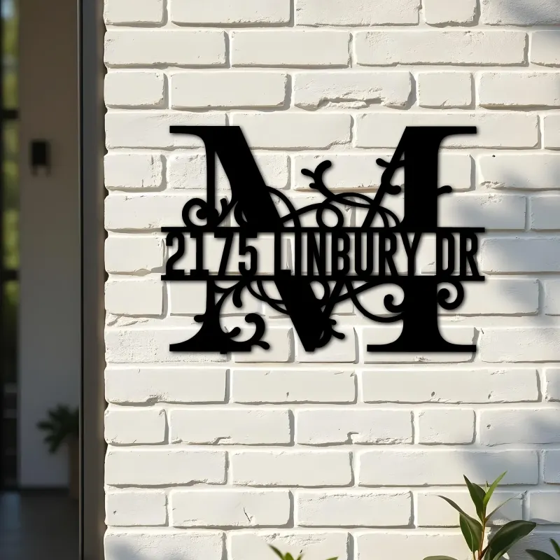 Custom Metal Floral Monogram Split Letter M Metal Address Sign House number Hanging Address Plaque Yard Sign Outdoor decor
