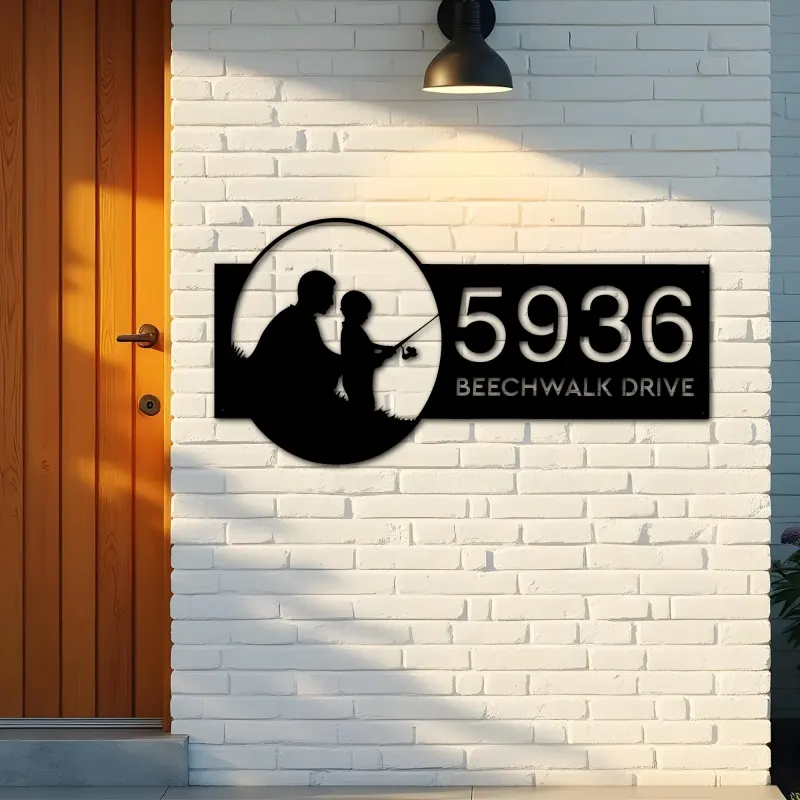 Custom Metal Father and son fishing Metal Address Sign, House number, Outdoor Number Signage, Yard Sign Address Plate