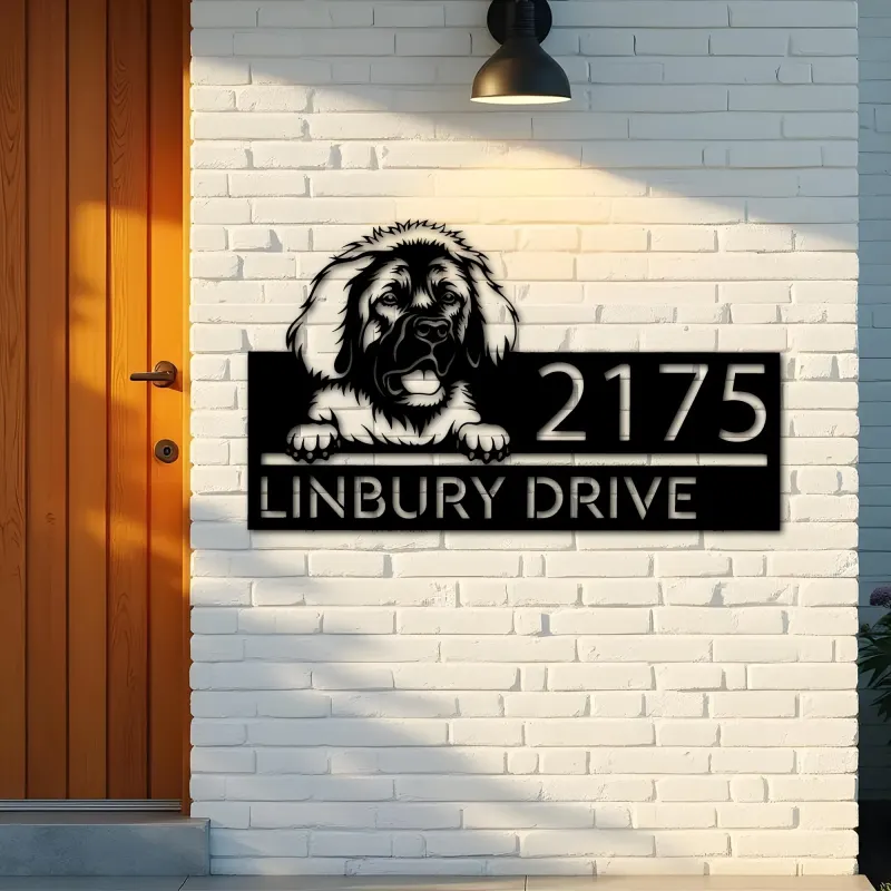Custom Metal Leonberger dog Puppy Metal Address Sign House number Hanging Address Plaque Yard Sign Outdoor decor