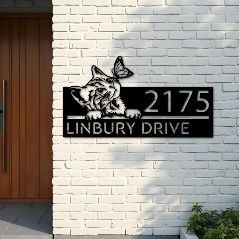 Custom Metal Cat Curious Kitten with butterfly Metal Address Sign, House number, Outdoor Number Signage, Yard Sign Address Plate
