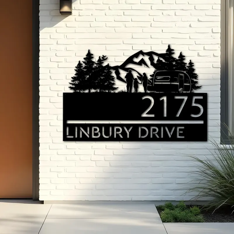 Custom Metal Camping trailer mountain pine tree Metal Address Sign, House number, Outdoor Number Signage, Yard Sign Address Plate
