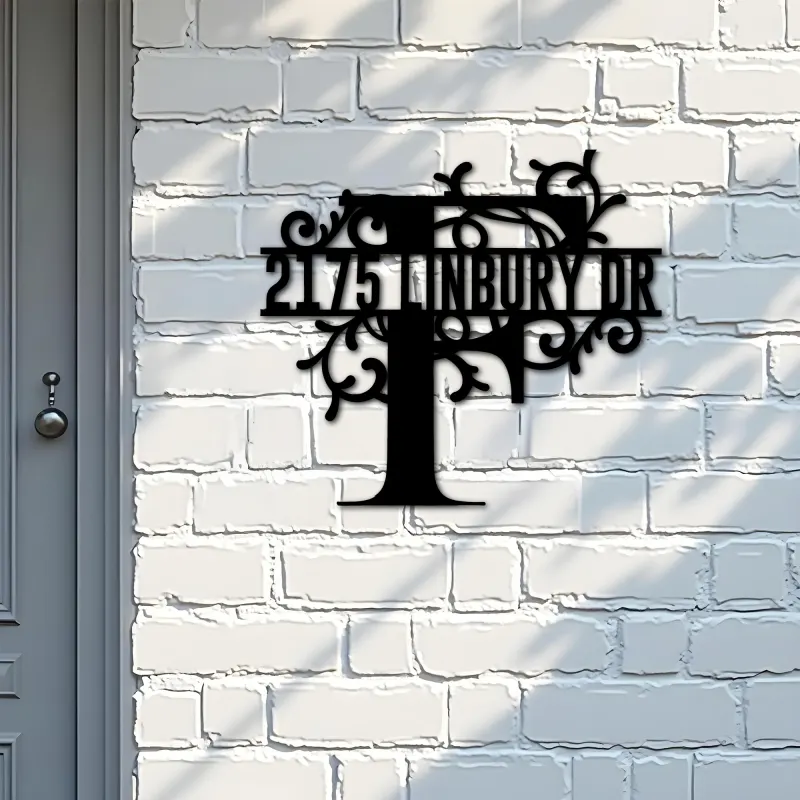 Custom Metal Floral Monogram Split Letter F Metal Address Sign House number Hanging Address Plaque Yard Sign Outdoor decor