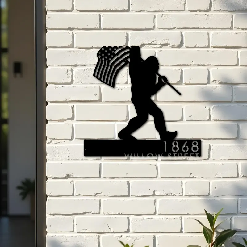 Custom Metal Bigfoot Sasquatch With US Flag Metal Address Sign Custom Hanging Address Plaque Yard Sign Outdoor Sign