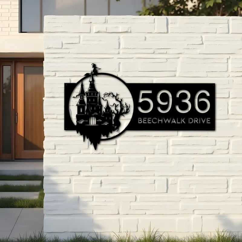 Custom Metal Haunted Castle Flying Witch Halloween Metal Address Sign House number Hanging Address Plaque Yard Sign Outdoor