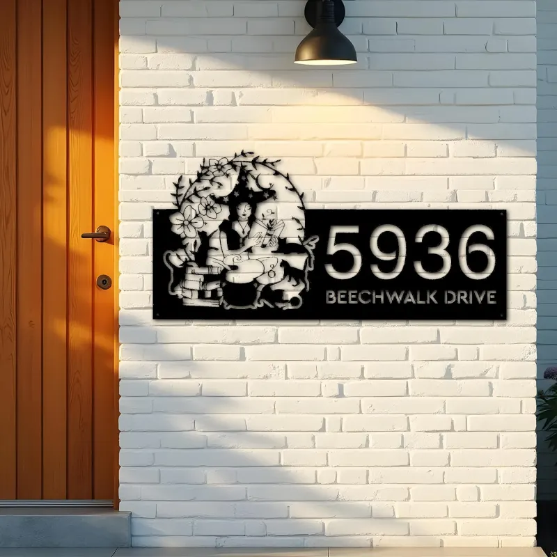 Custom Metal Witch and black cat halloween Metal Address Sign, House number, Outdoor Number Signage, Yard Sign Address Plate