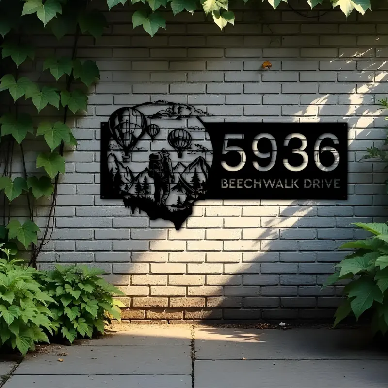 Custom Metal Hot Air Balloon Sky Adventure Travel Metal Address Sign, House number, Outdoor Number Signage, Yard Sign Address Plate
