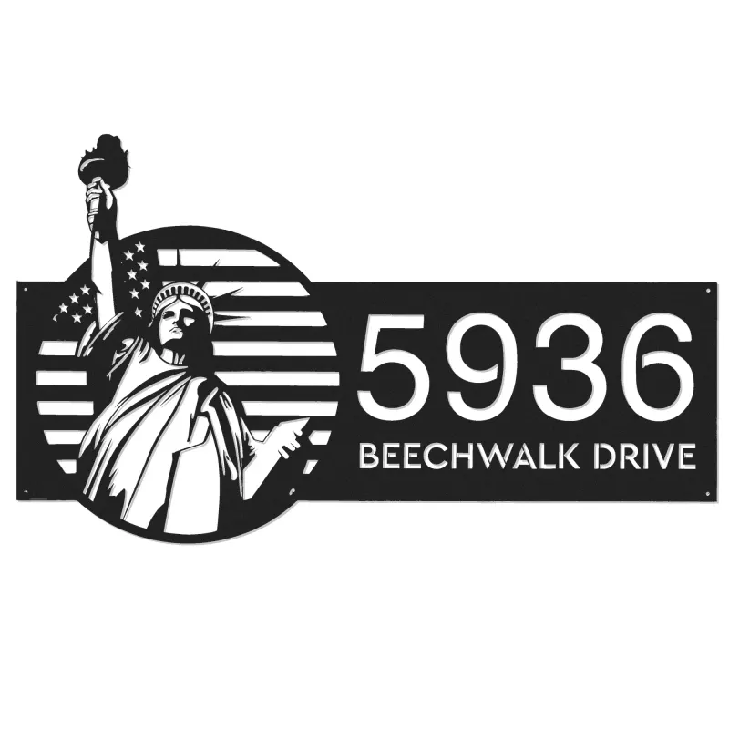 Custom Metal Statue of liberty US flag 4th July Metal Address Sign, House number, Outdoor Number Signage, Yard Sign Address Plate