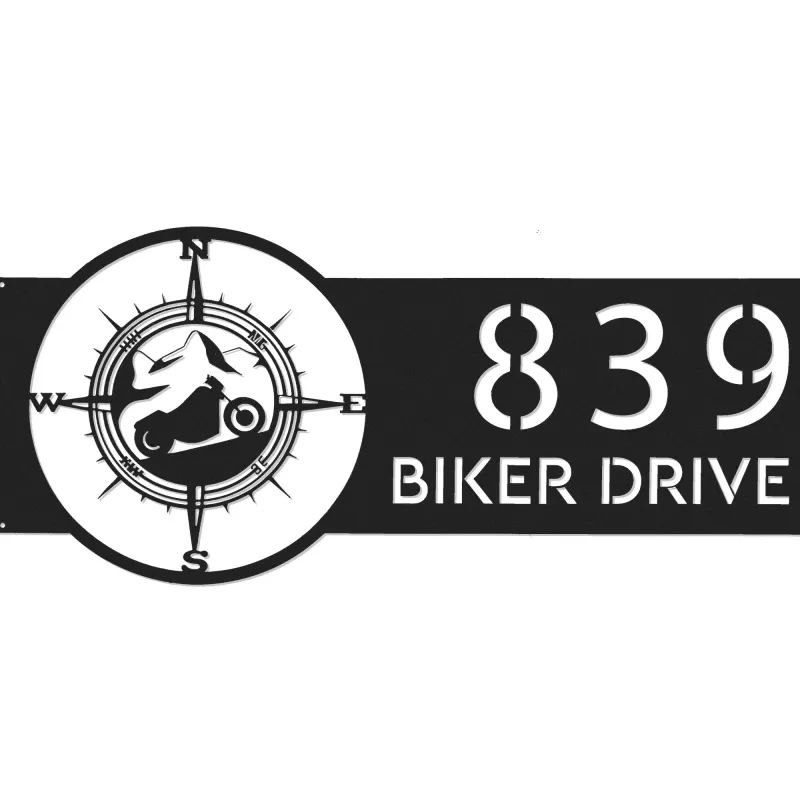 Custom Metal Motorcycle mountain compass Biker Metal Address Sign, House number, Outdoor Number Signage, Yard Sign Address Plate