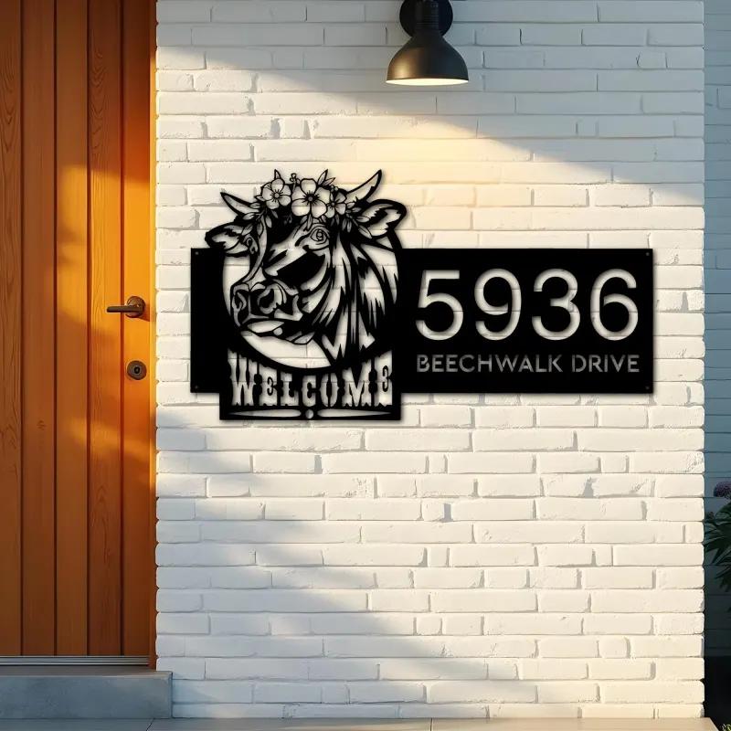 Custom Metal Cow Farm house Ranch welcome Metal Address Sign, House number, Outdoor Number Signage, Yard Sign Address Plate