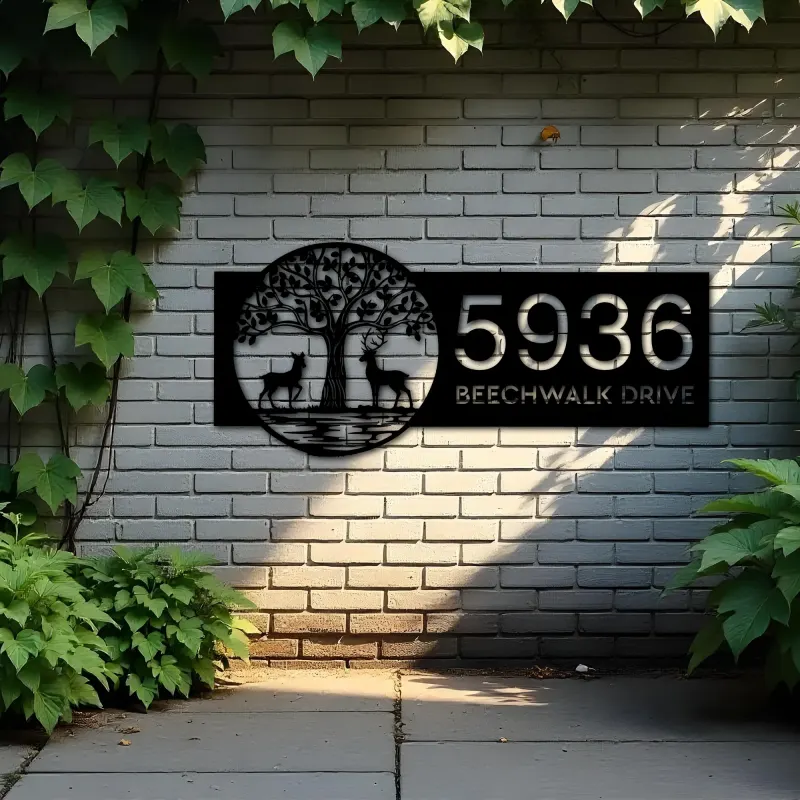 Custom Metal Leafy Tree and Couple Deer Metal Address Sign, House number, Outdoor Number Signage, Yard Sign Address Plate