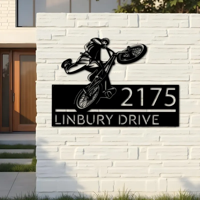 Custom Metal BMX Bicycle freestyle Metal Address Sign, House number, Outdoor Number Signage, Yard Sign Address Plate