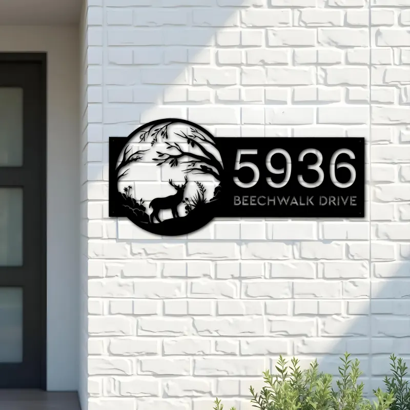 Custom Metal Deer in Woodland wild life Metal Address Sign, House number, Outdoor Number Signage, Yard Sign Address Plate